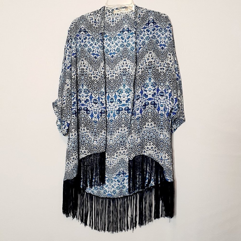 LIBERTY LOVE Blue Floral Chiffon Kimono Wrap w Long Fringe; Size Large